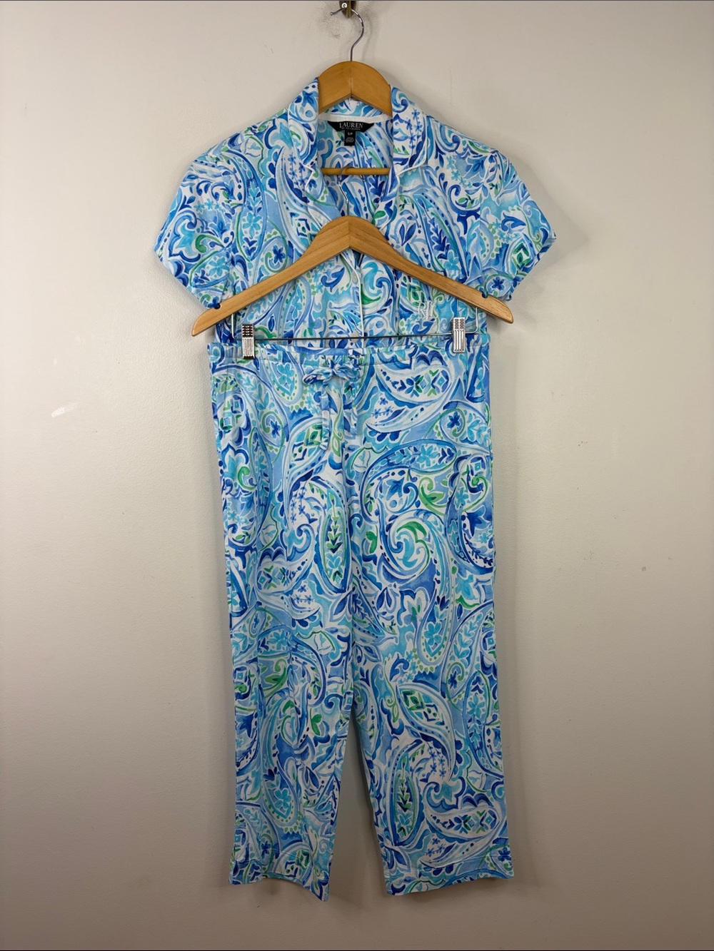 Lauren Ralph Lauren Pajamas Womens Small Blue White Floral Short Sleeve Capri